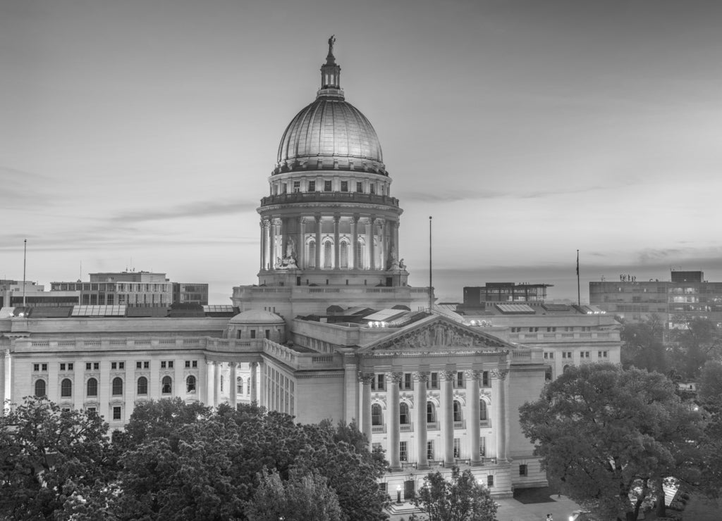 Madison, Wisconsin, USA state capitol in black white