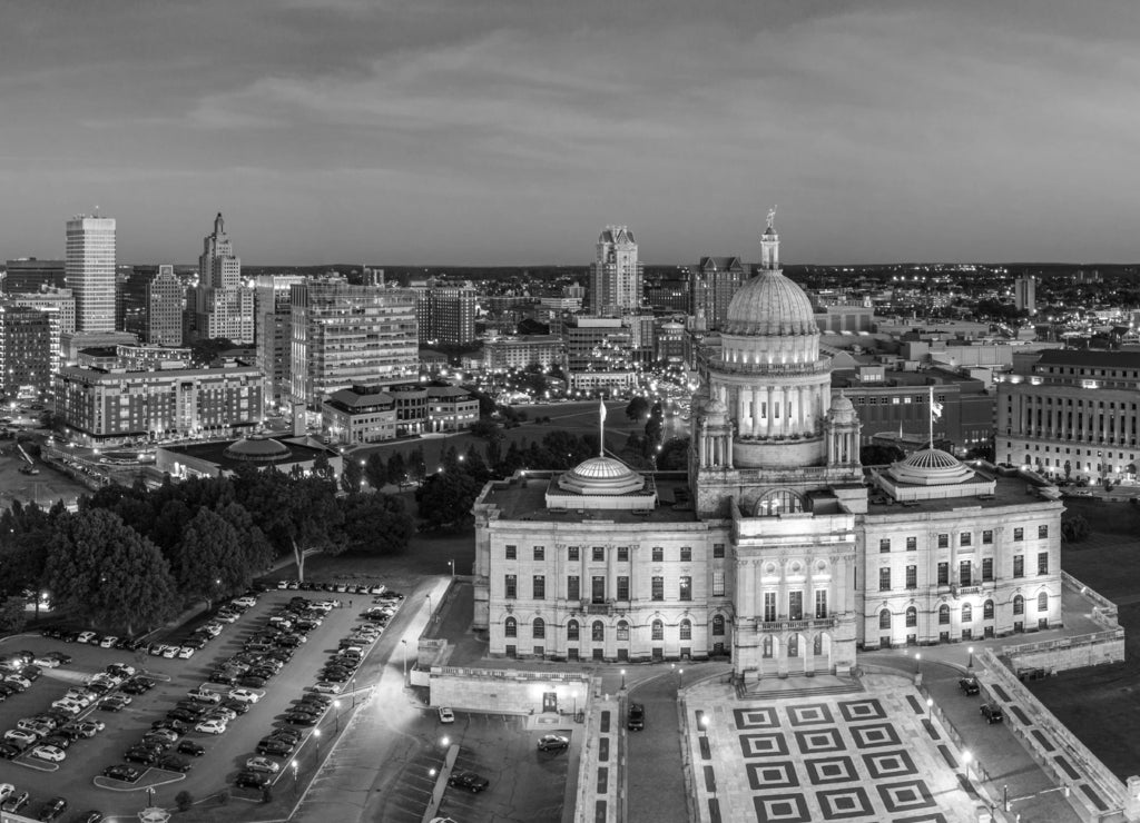 Aerial panorama of Providence skyline and Rhode Island capitol building at dusk. Providence is the capital city of the U.S. state of Rhode Island. Founded in 1636 is one of the oldest cities in USA. in black white