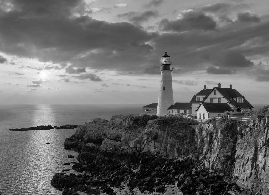 Portland Head Light at sunrise in Maine, New England, USA in black white