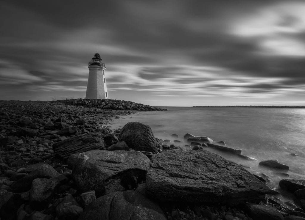 lighthouse at sunset, Connecticut in black white