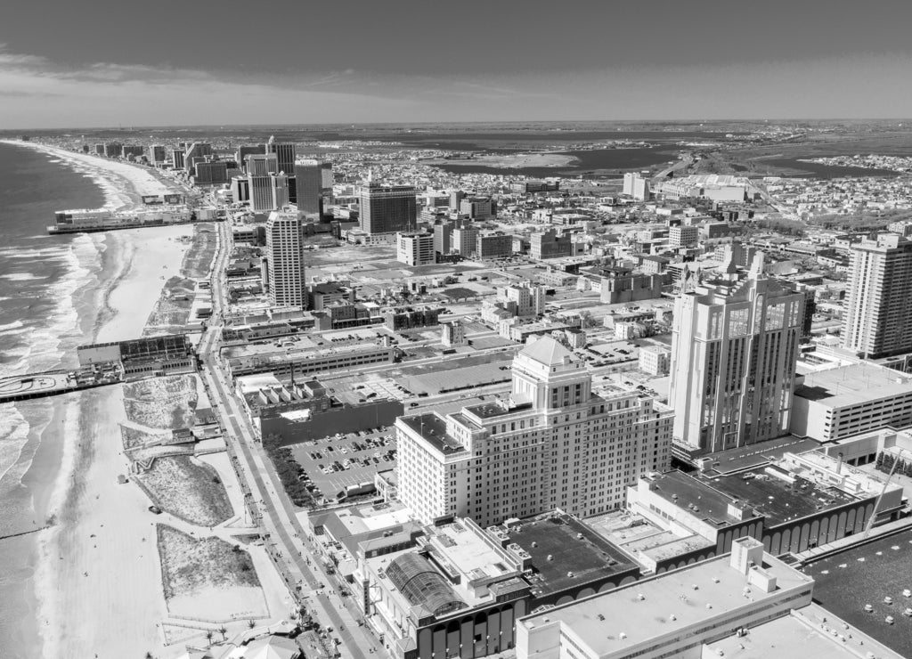 Aerial View of Atlantic City Boardwalk and Steel Pier, New Jersey in black white