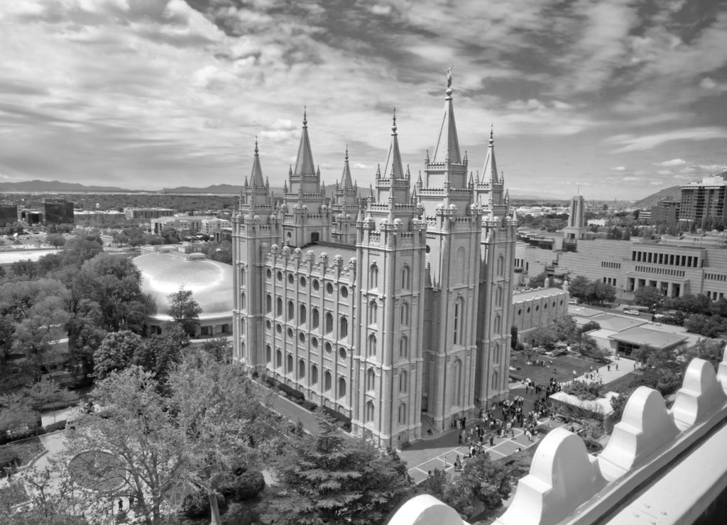 Salt Lake Temple in Salt Lake City, Utah, USA in black white