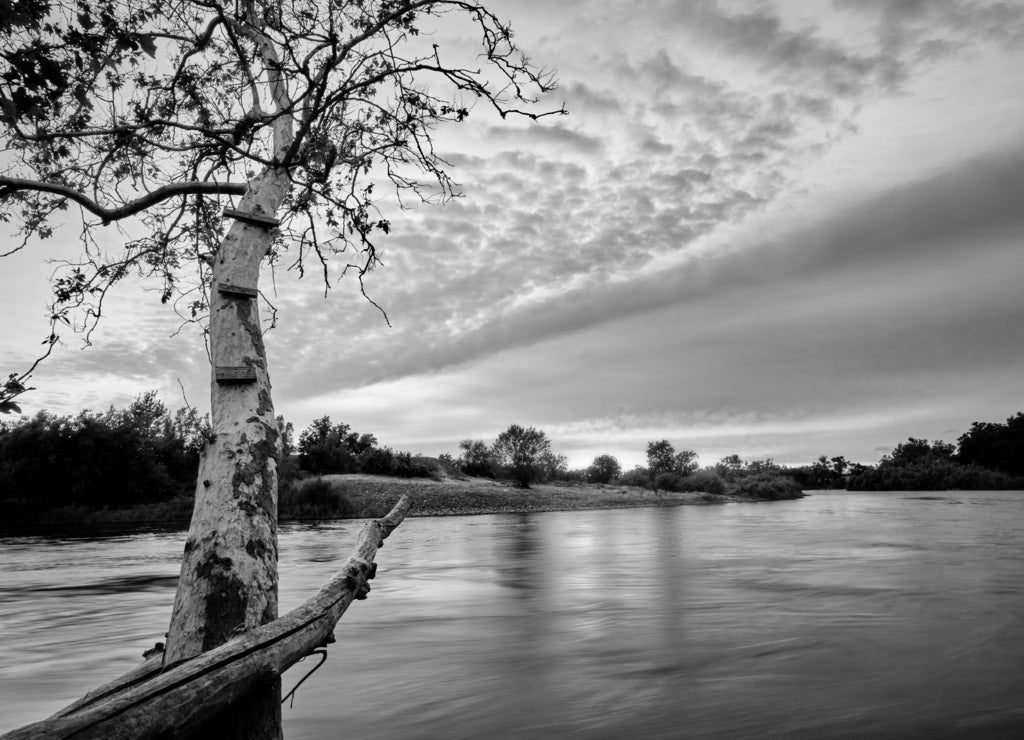 Vibrant landscape of the Feather RIver in Butte County, California with a pink and orange sunset in the background in black white