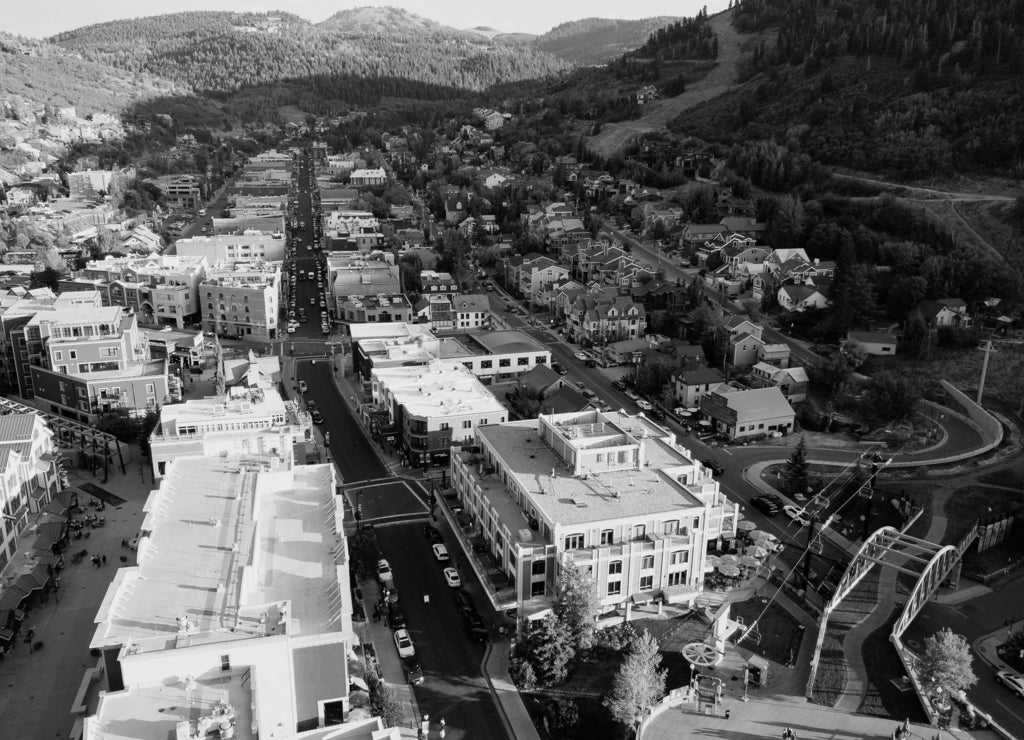 Downtown Park City, Utah aerial main street landscape views in black white