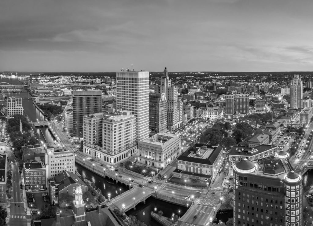 Aerial panorama of Providence skyline at dusk. Providence is the capital city of the U.S. state of Rhode Island. Founded in 1636 is one of the oldest cities in USA in black white