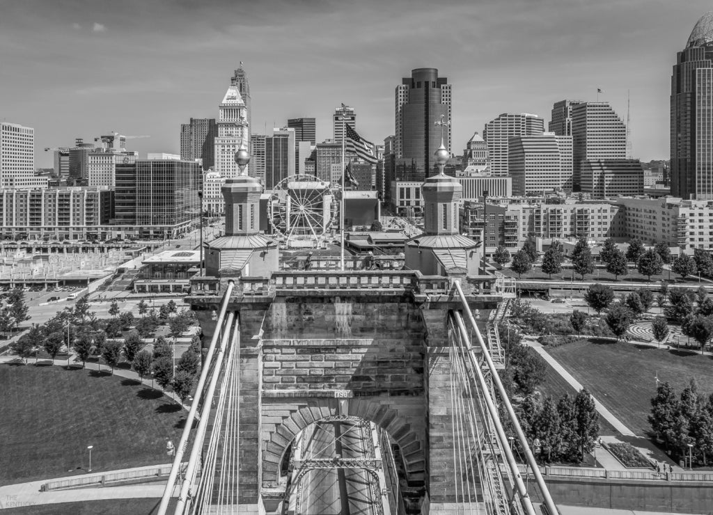 Aerial Photo of the Cincinnati Ohio Skyline in black white