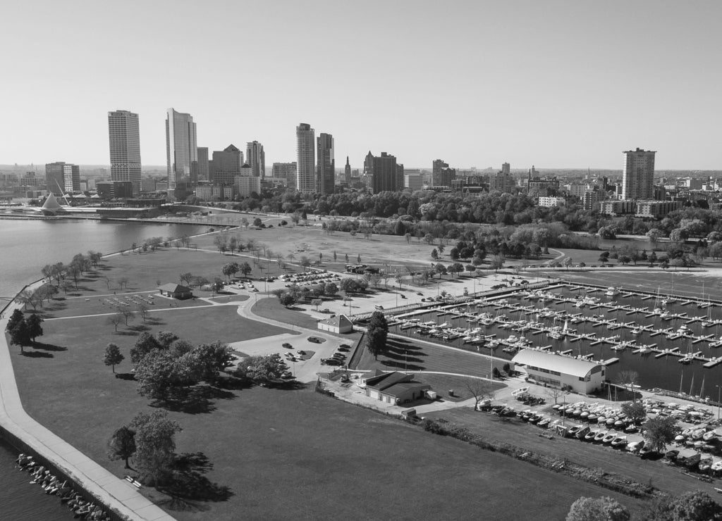 Aerial Drone Milwaukee Wisconsin in black white