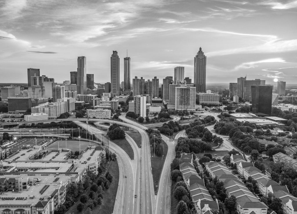 Atlanta, Georgia, USA Skyline Aerial Panorama in black white