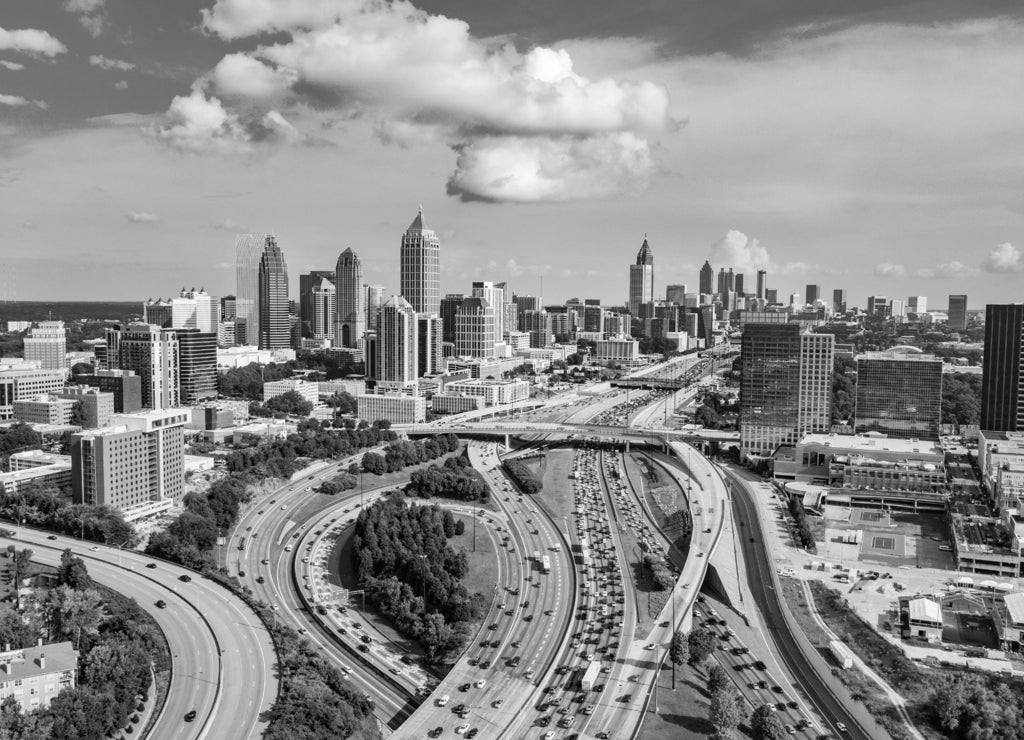 Atlanta, Georgia, USA Downtown Skyline Aerial in black white