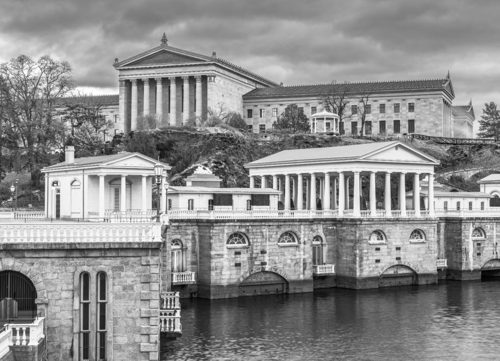 Philadelphia, Pennsylvania, USA Waterworks Skyline in black white