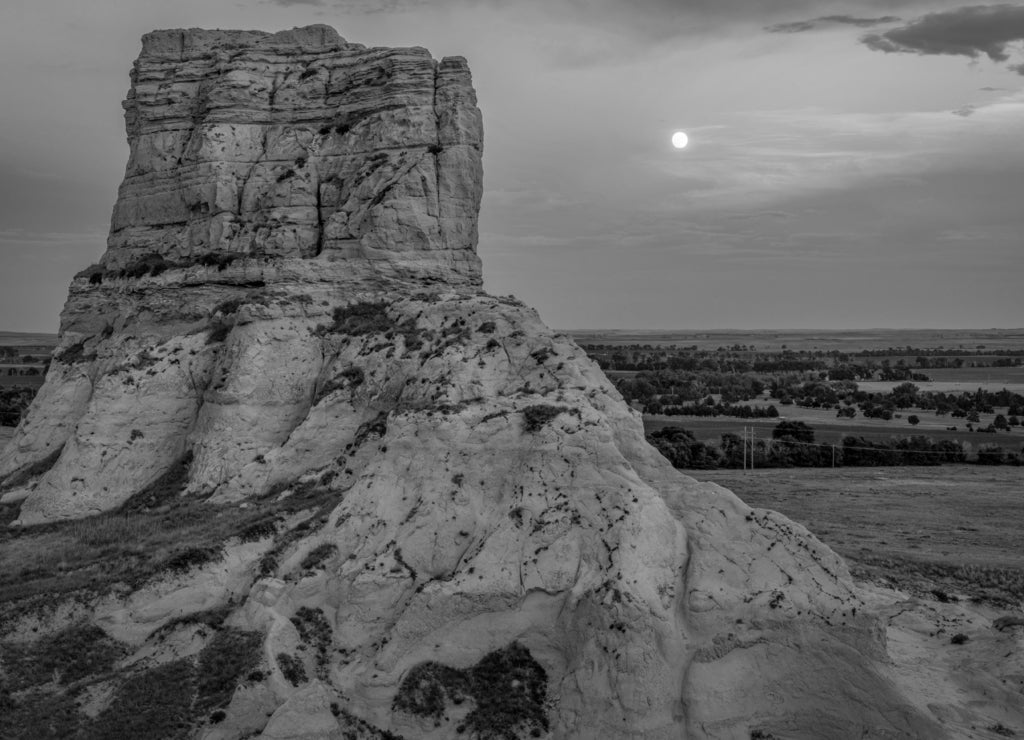 Jail Rock with full moon, Nebraska in black white