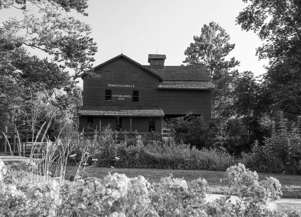 Bonneyvill Mill Elkhart County Park, Public Place Indiana in black white