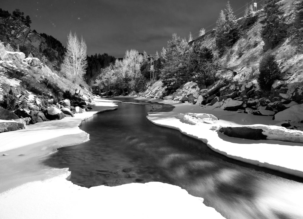 Clear Creek in Jefferson County, Colorado in black white