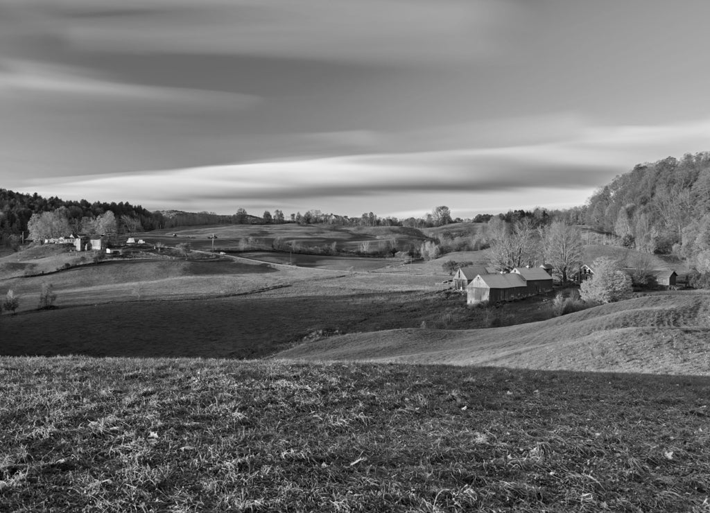 Jenne Farm with barn at sunny autumn morning in Vermont, USA in black white