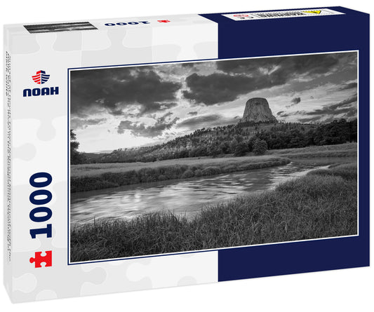 Sunset at Devils Tower National Monument with the Belle Fourche River in the foreground, Wyoming in black white