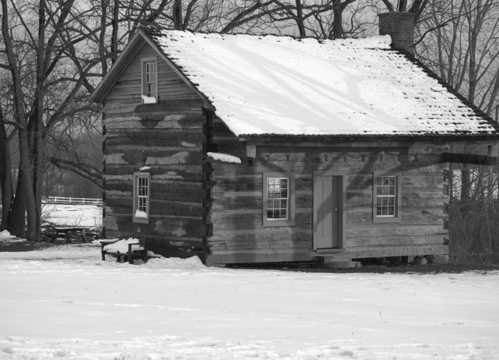 Log Cabin in David Rogers Park, LaGrange County, Indiana in black white