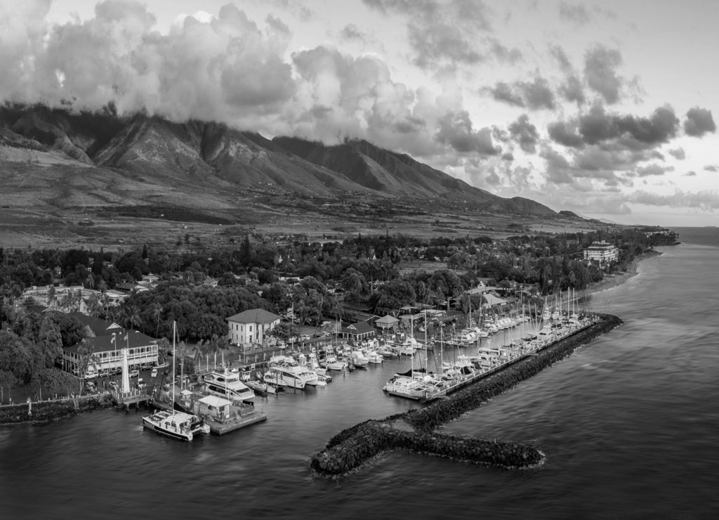 Lahaina Harbor, Maui, Hawaii in black white