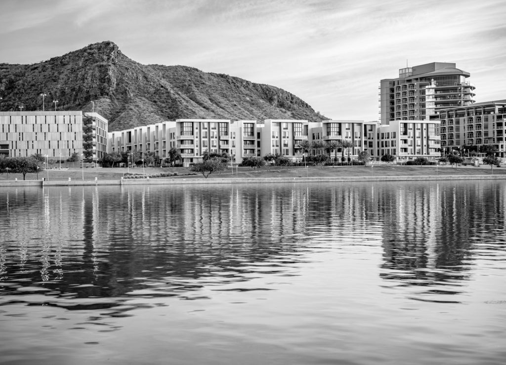 Tempe Town Lake Glistening at Sunset, Arizona in black white
