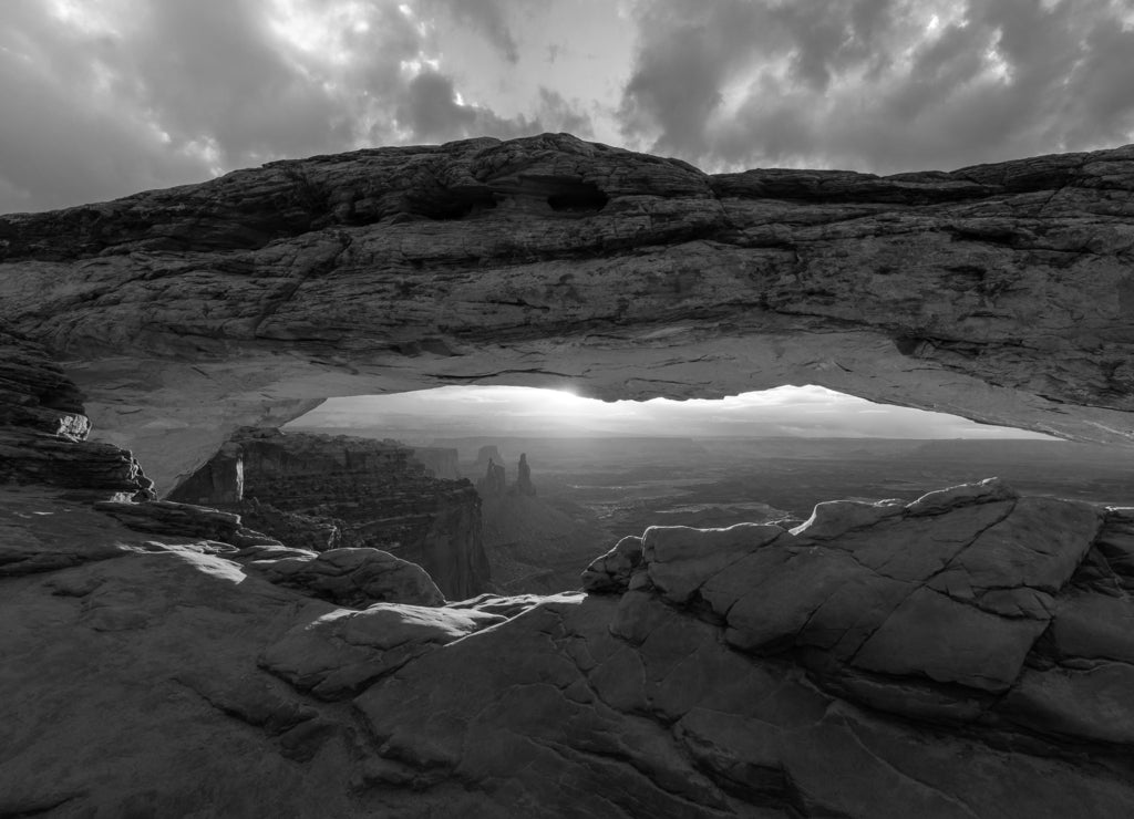 Mesa Arch at sunrise, Canyonlands National Park, Utah, USA in black white