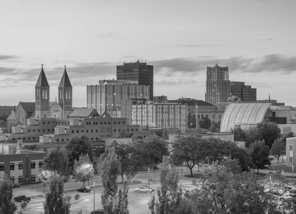 Akron, Ohio, USA Town Skyline in black white