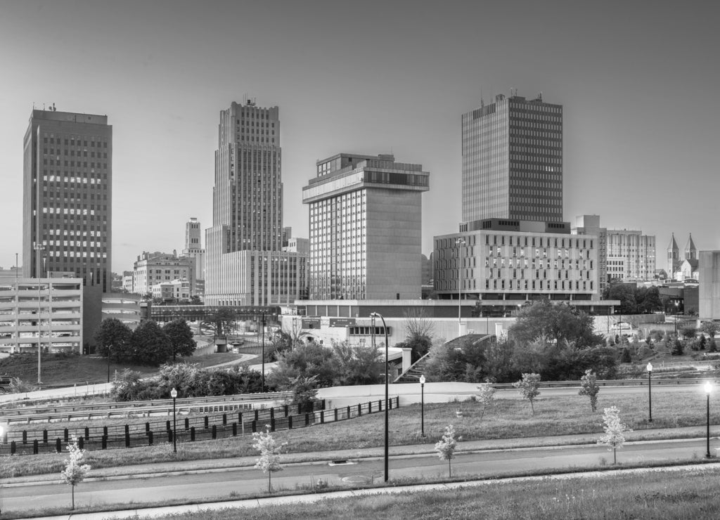 Akron, Ohio, USA Town Skyline in black white