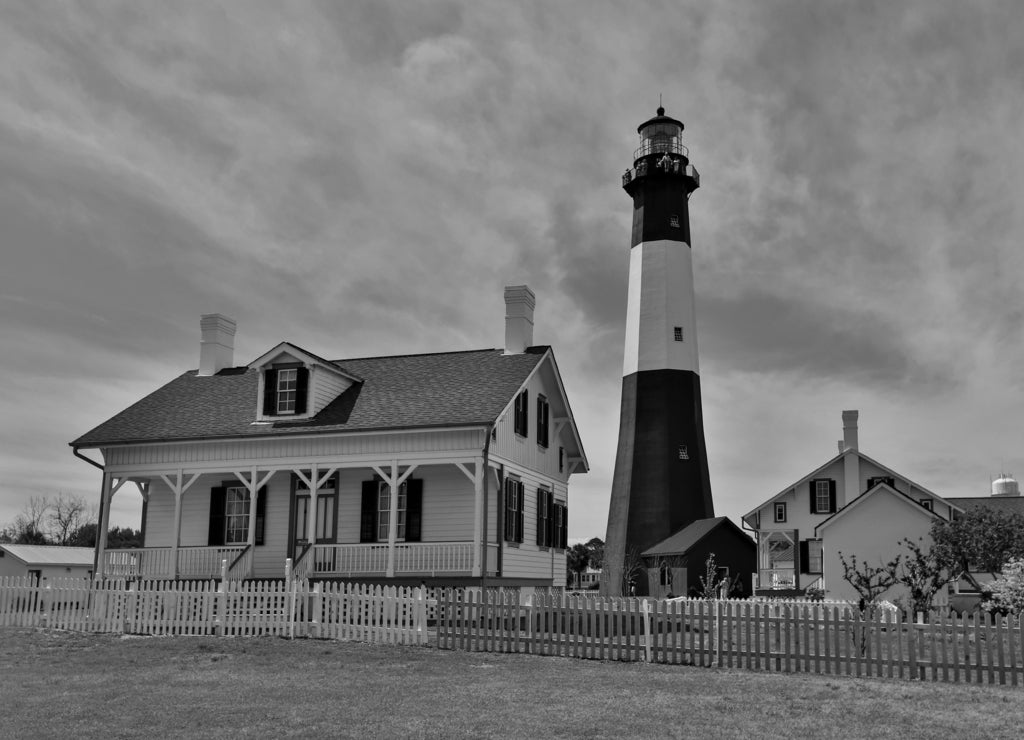 Tybee Island Lighthouse just to the east of Savannah, Georgia in black white