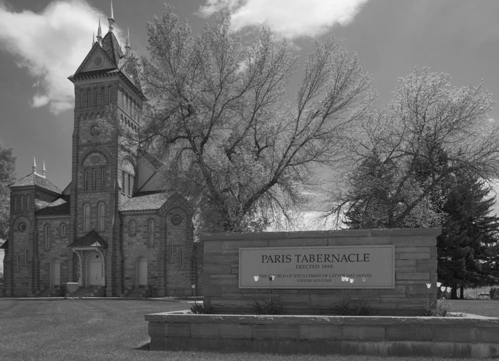 USA, Idaho, Paris. View of a Latter-Day Saints church built in 1888 in black white