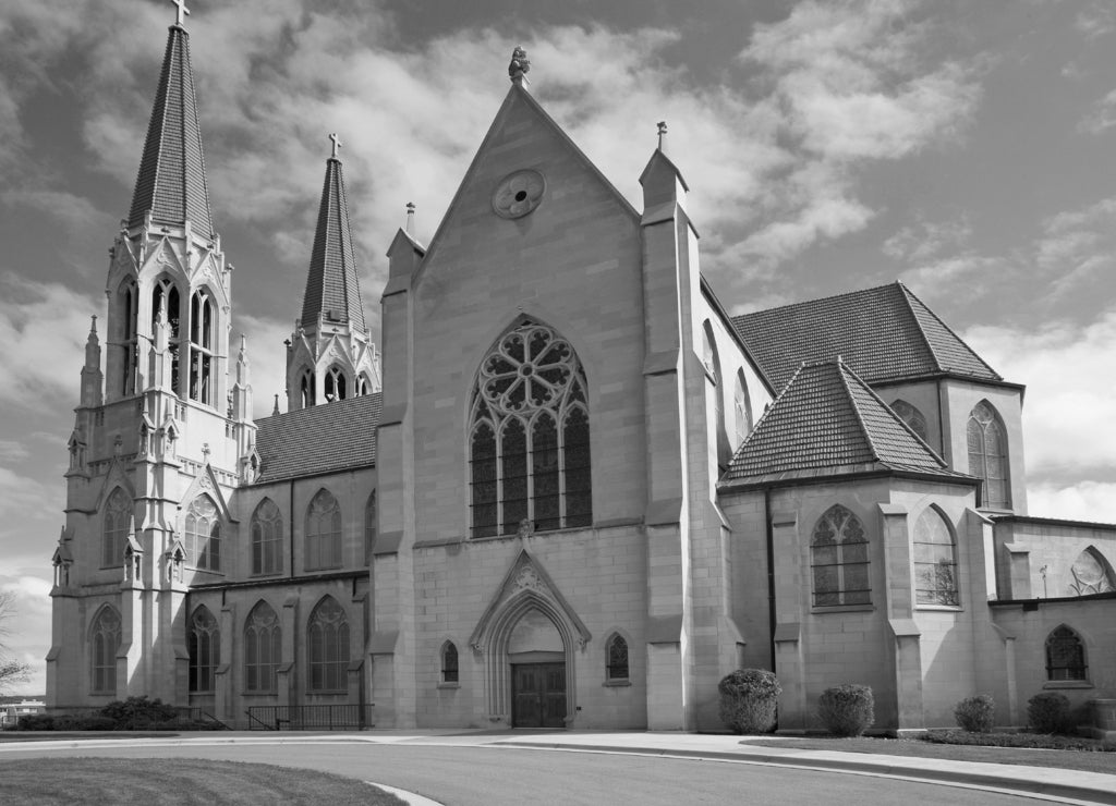 USA, Montana, Helena. Exterior of Saint-Helena Cathedral in black white