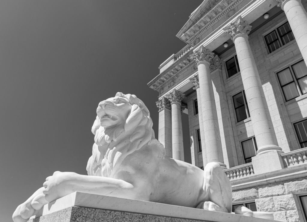 Capitol building SLC utah lion in black white