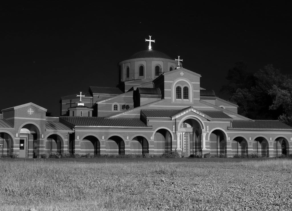 Saint Catherine Greek Orthodox Church in Quincy, Massachusetts at night in black white