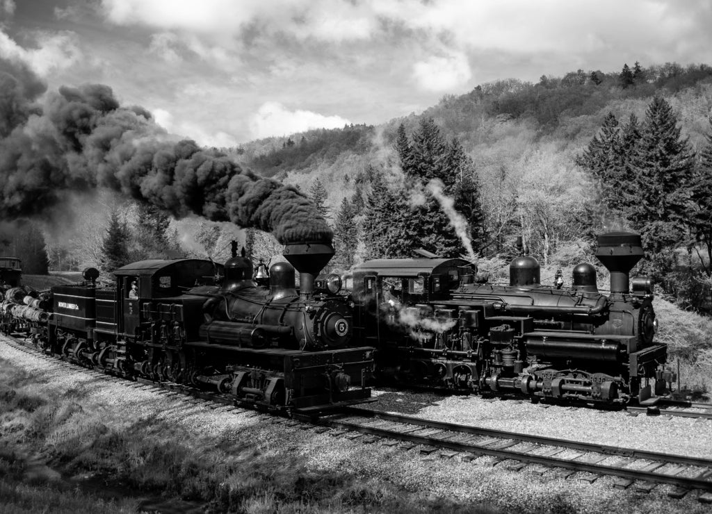 Antique Steam Shay Locomotive Trains + Billowing Smokestack - Historic Cass Scenic Railroad - West Virginia in black white