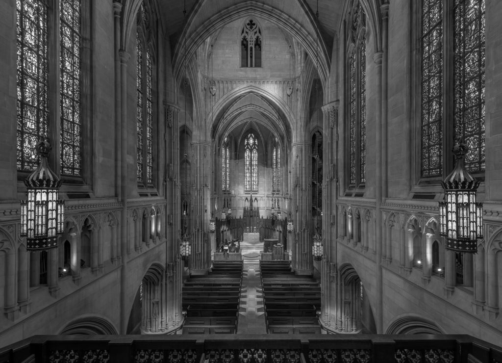 Heinz Memorial Chapel on the campus of the University of Pittsburgh in Pittsburgh, Pennsylvania in black white