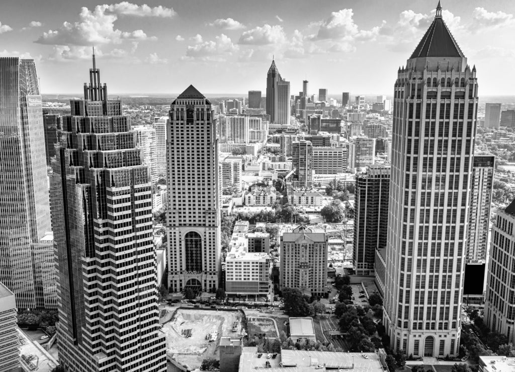 Aerial view downtown Atlanta skyline, Georgia USA in black white