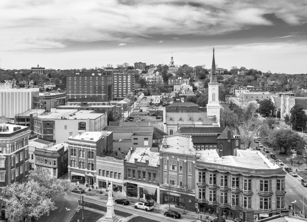 Macon, Georgia, USA downtown cityscape in black white