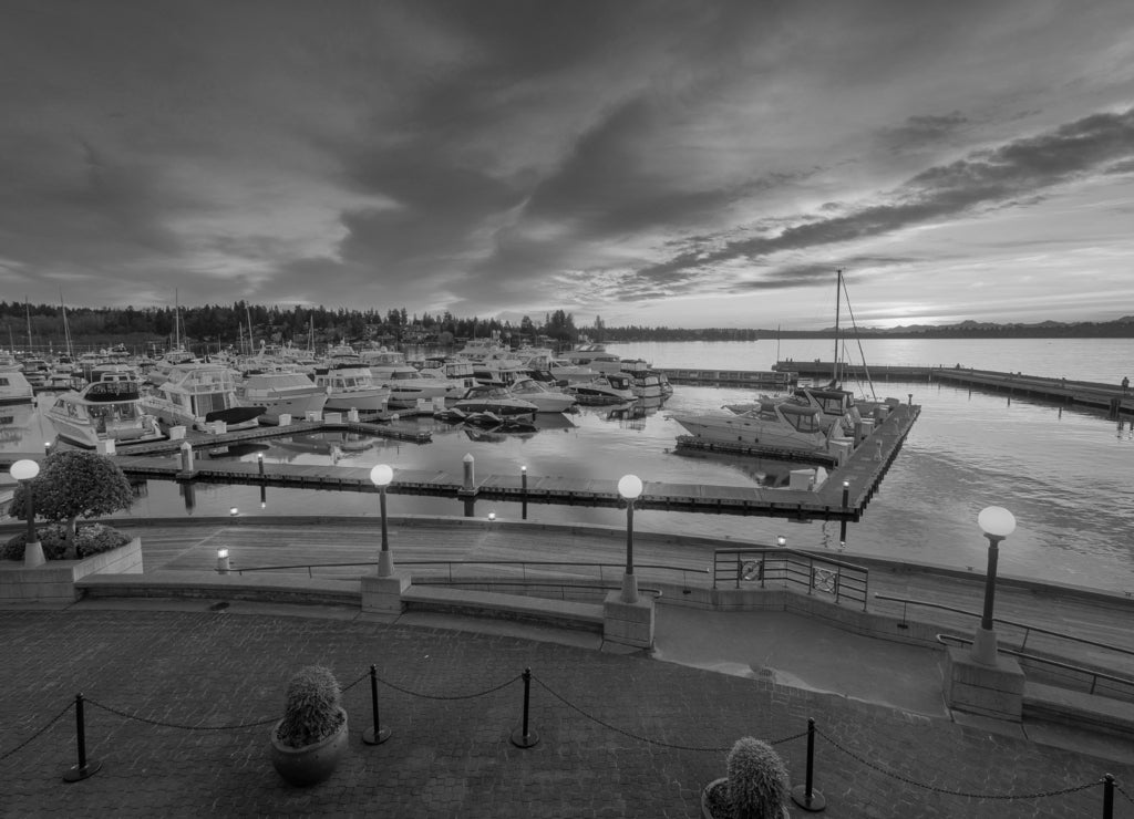 Sunset over Yarrow Bay in Kirkland Washington in black white