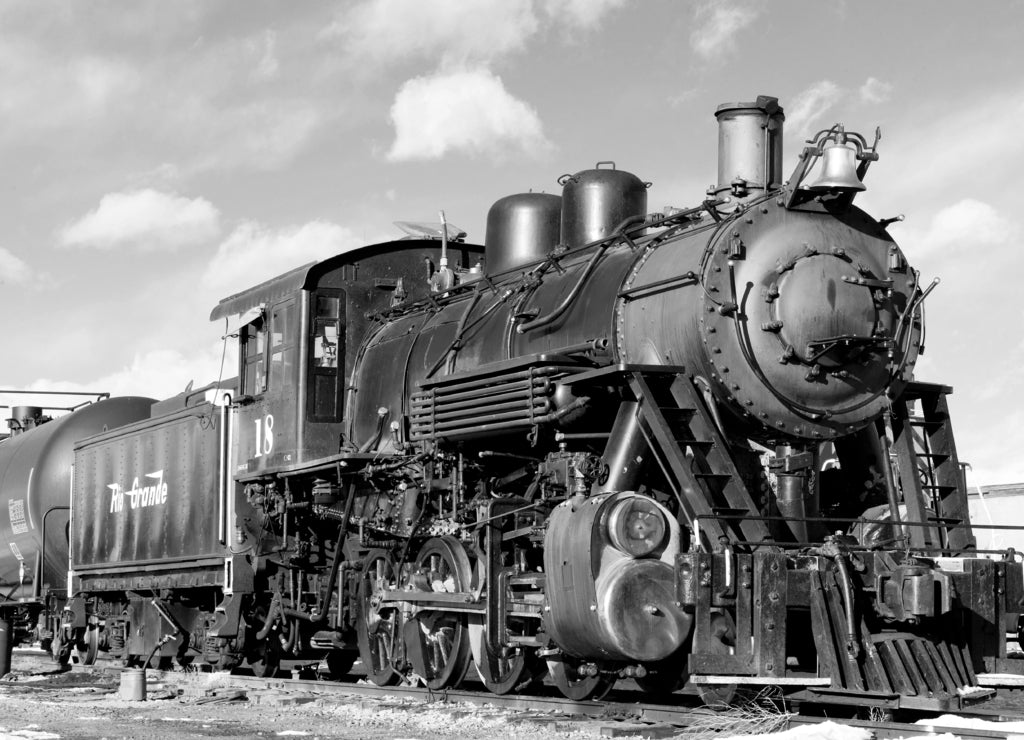 steam locomotive, Alamosa, Colorado, USA in black white
