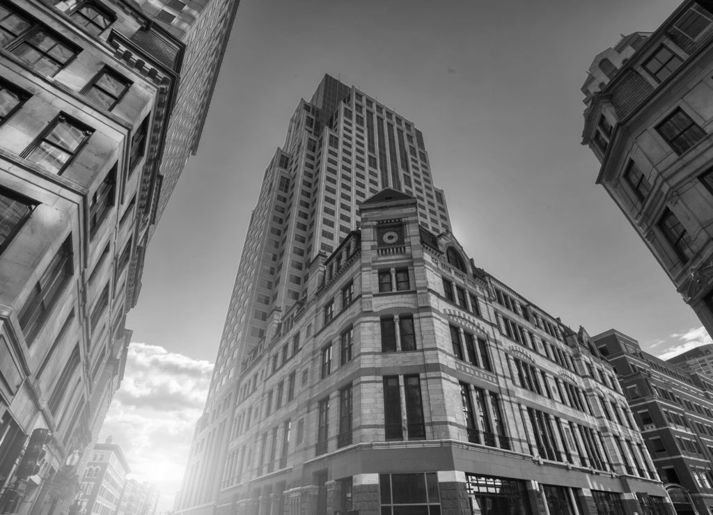 Massachusetts, Scenic Boston downtown financial district and city skyline in black white