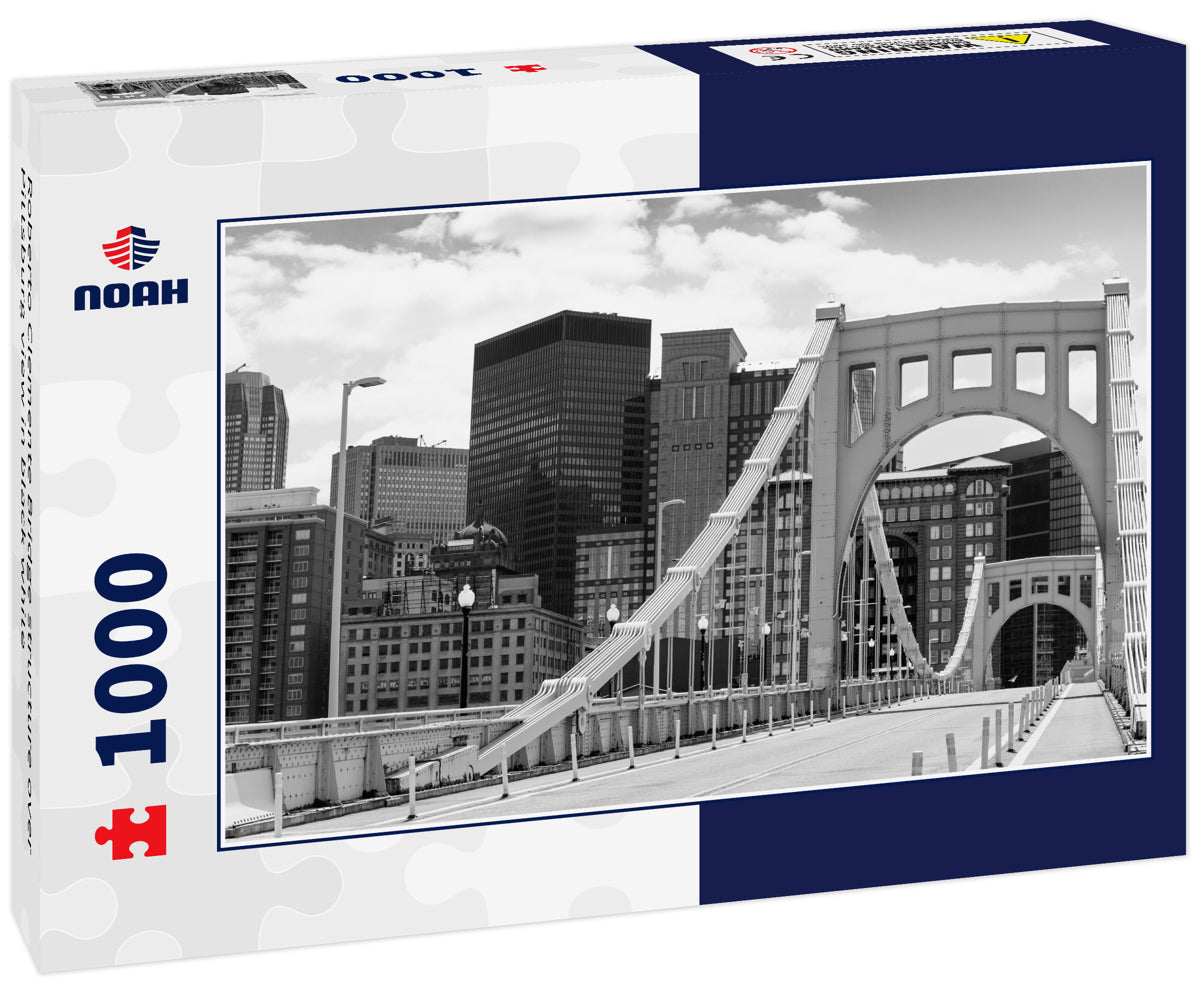 Roberto Clemente Bridge structure over Pittsburg view in black white