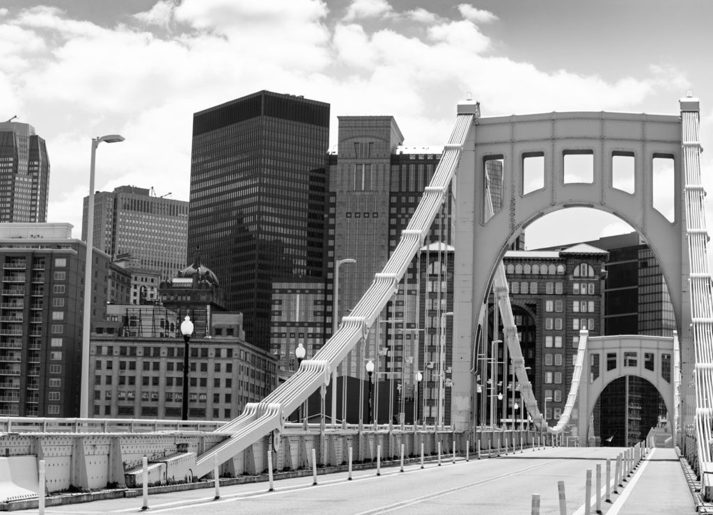 Roberto Clemente Bridge structure over Pittsburg view in black white