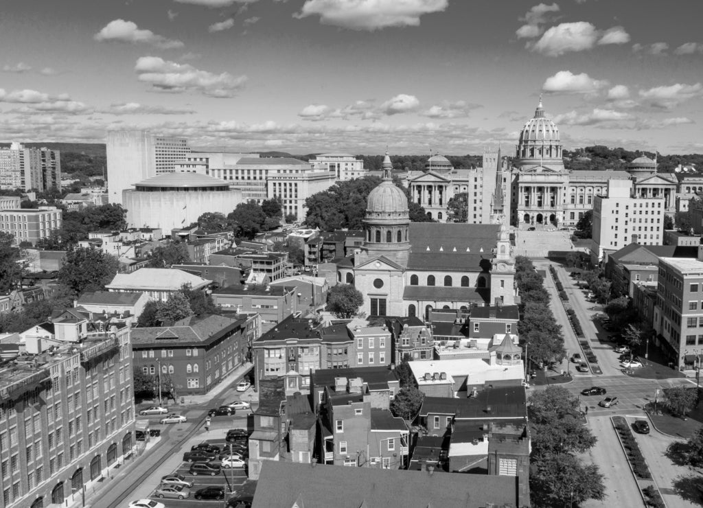 Harrisburg state capital of Pennsylvania along on the Susquehanna River in black white