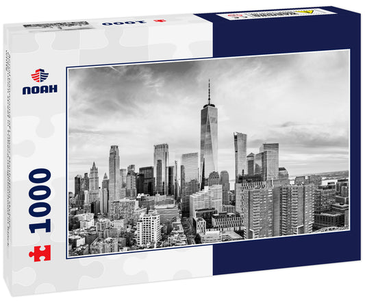 Aerial panorama of Lower Manhattan skyline, Greenwich street in Tribeca neighborhood in black white