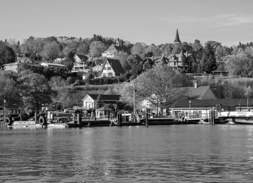 Cityscape view of Bayfield Wisconsin, as seen from the shores of Lake Superior in black white