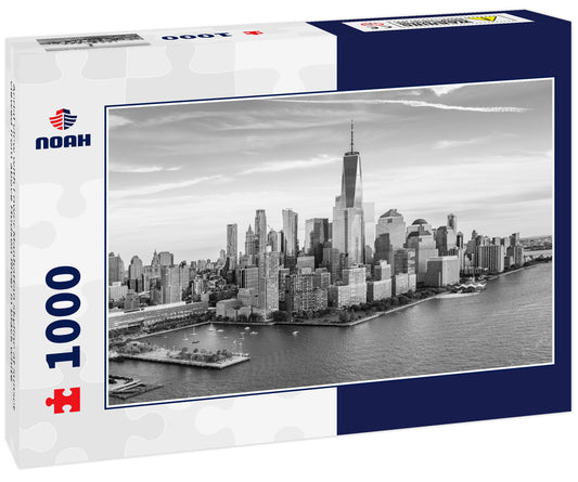 Aerial view with Lower Manhattan skyline at sunset viewed from above Hudson River in black white