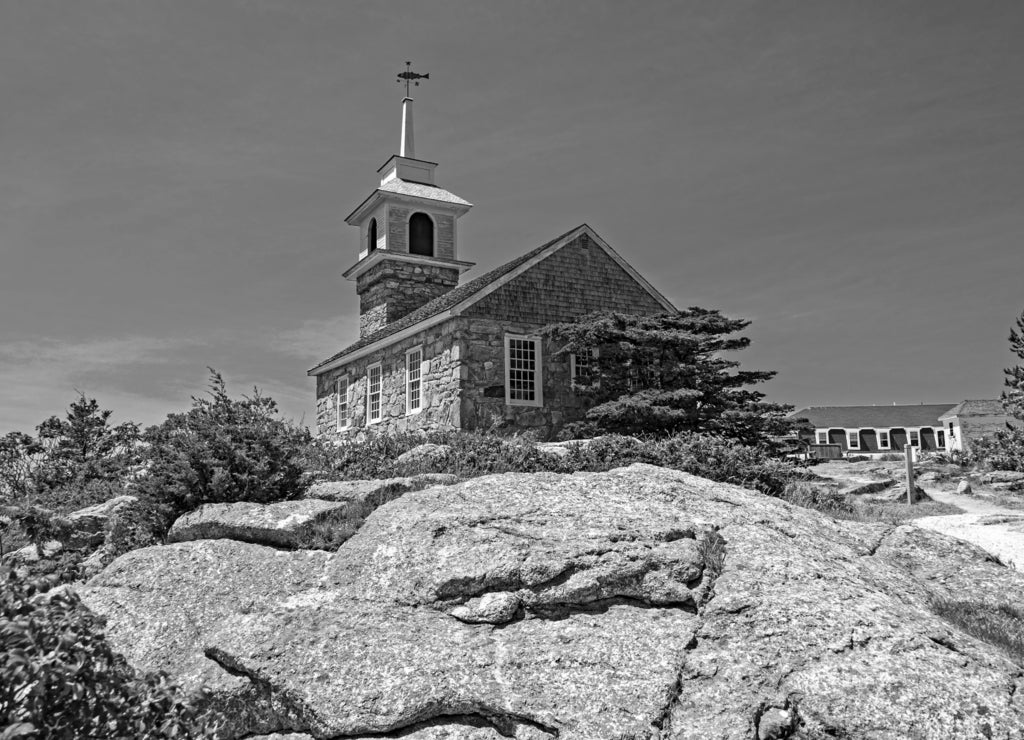 Gosport Chapel on the Star Island, one of the Isles of Shoals, New Hampshire. Island was settled in the early of 17th century by fishermen in black white