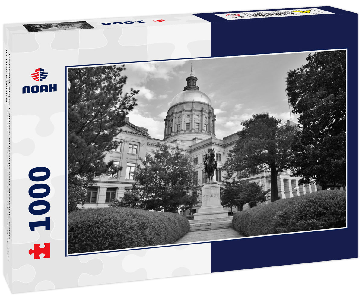 Georgia State Capitol Building and Historic John Brown Gordon Statue in Garden - Atlanta, Georgia, USA in black white