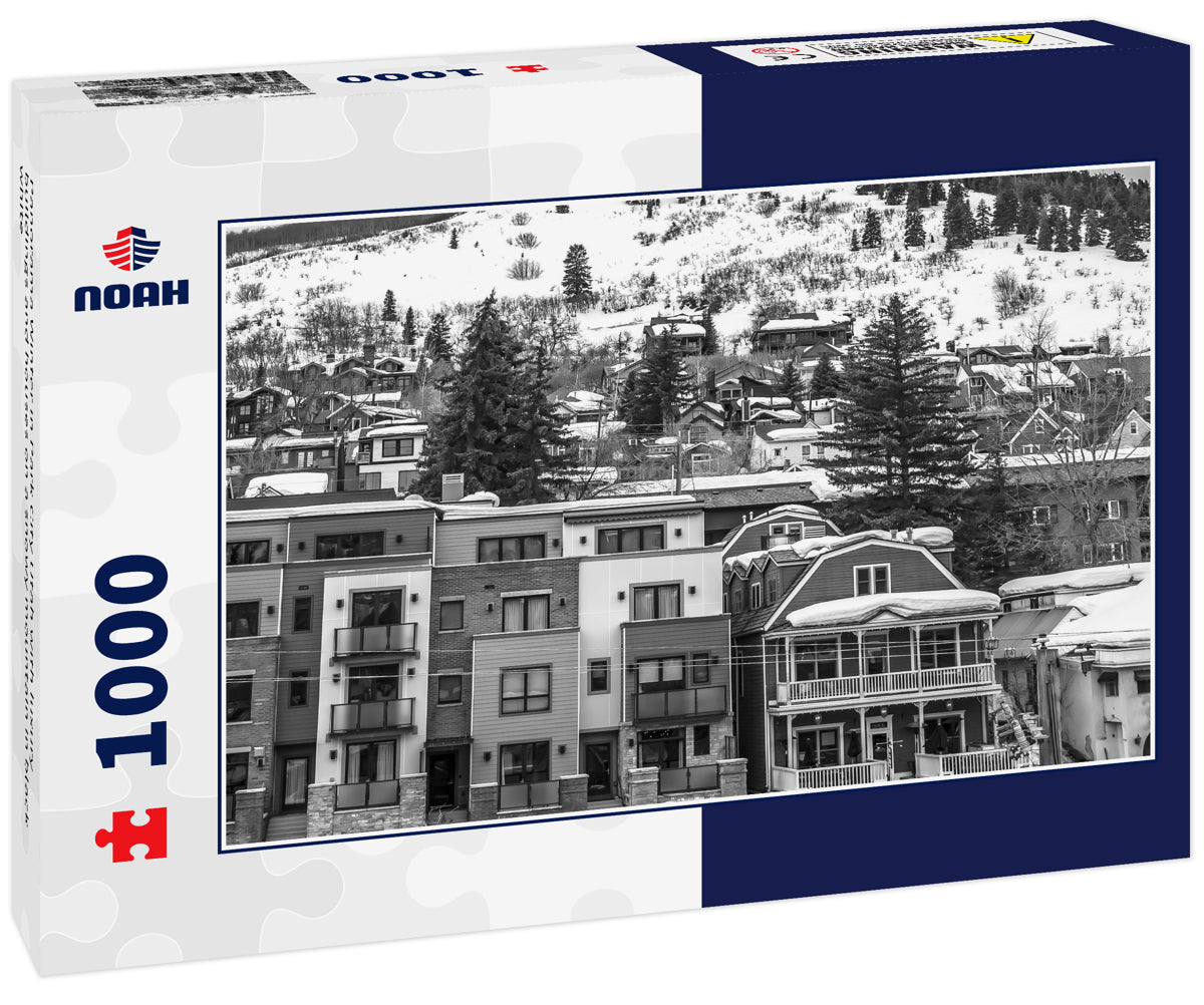 Panorama Winter in Park City Utah with luxury buildings and houses on a snowy mountain in black white