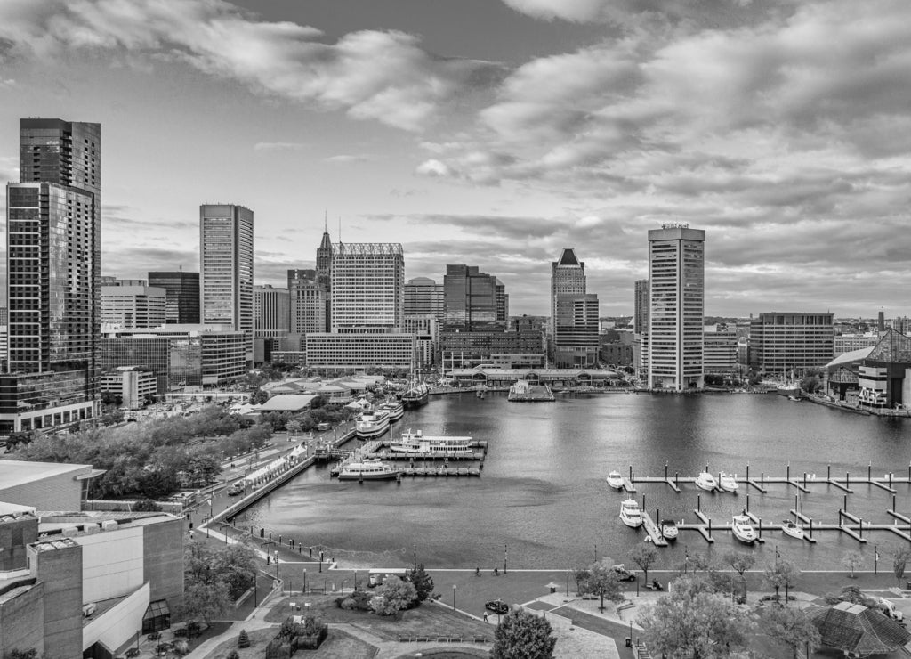 Baltimore, Maryland, USA Downtown Skyline Aerial in black white