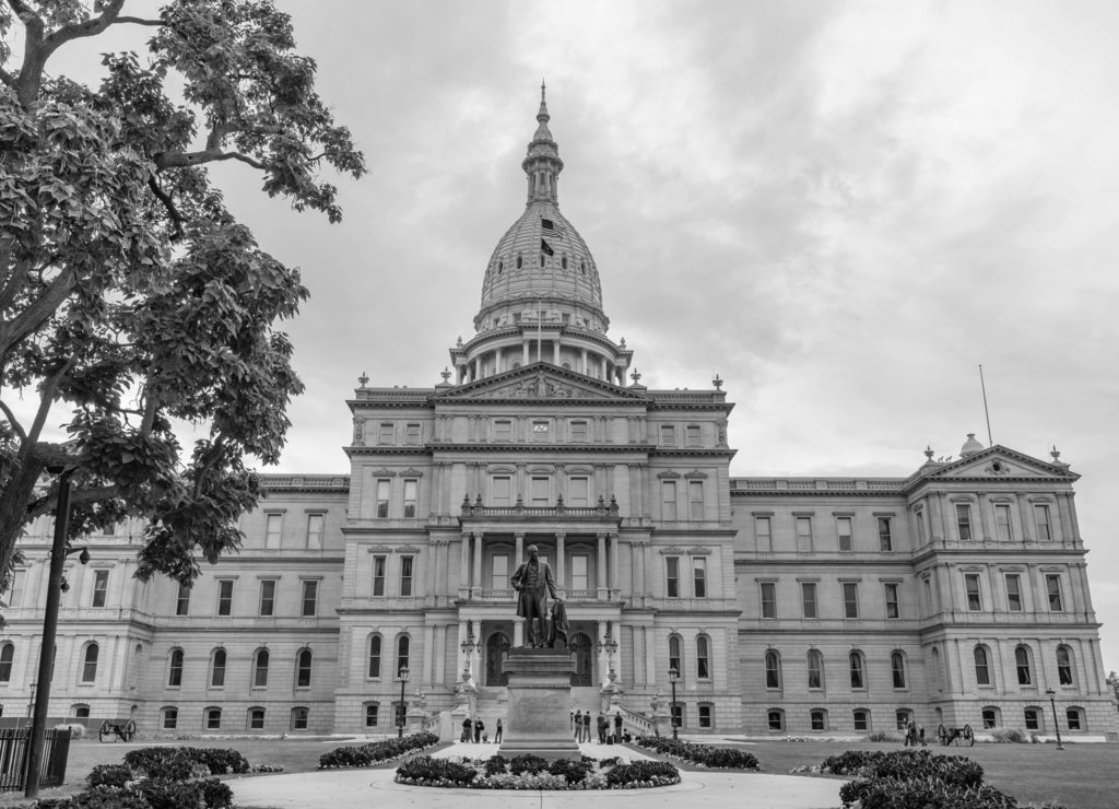 Exterior of the Michigan State Capitol Building in Lansing in black white