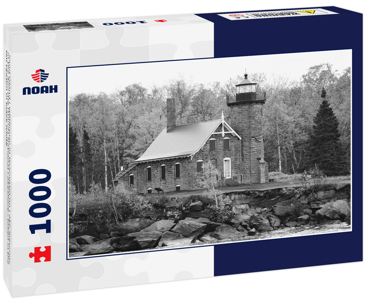 Sand Island Lighthouse in Wisconsin on Lake Superior in the Apostle Islands National Lakeshore - taken in the fall season in black white