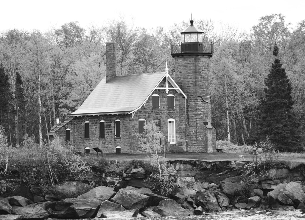 Sand Island Lighthouse in Wisconsin on Lake Superior in the Apostle Islands National Lakeshore - taken in the fall season in black white